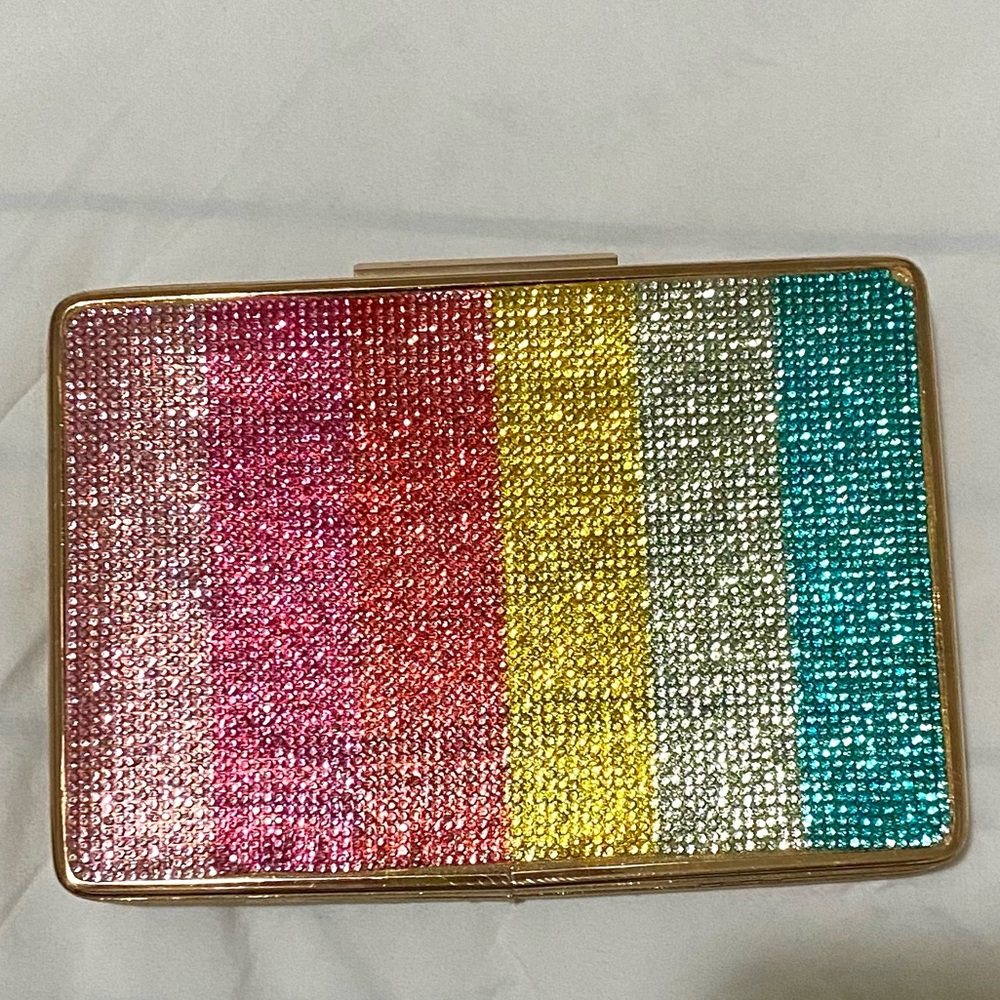 NWOT colorful rainbow rhinestone clutch gold